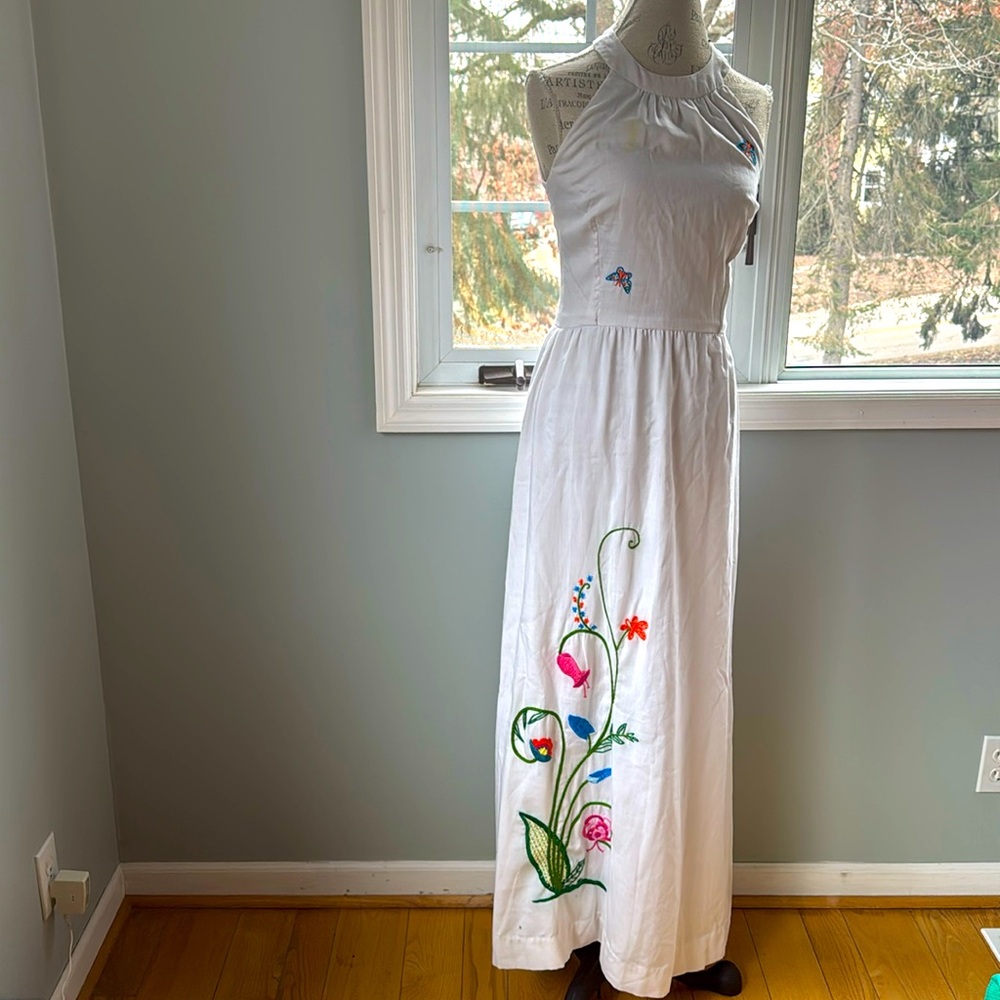 Vintage Ruth Chagnon cotton‎ embroidered halter maxi dress Small